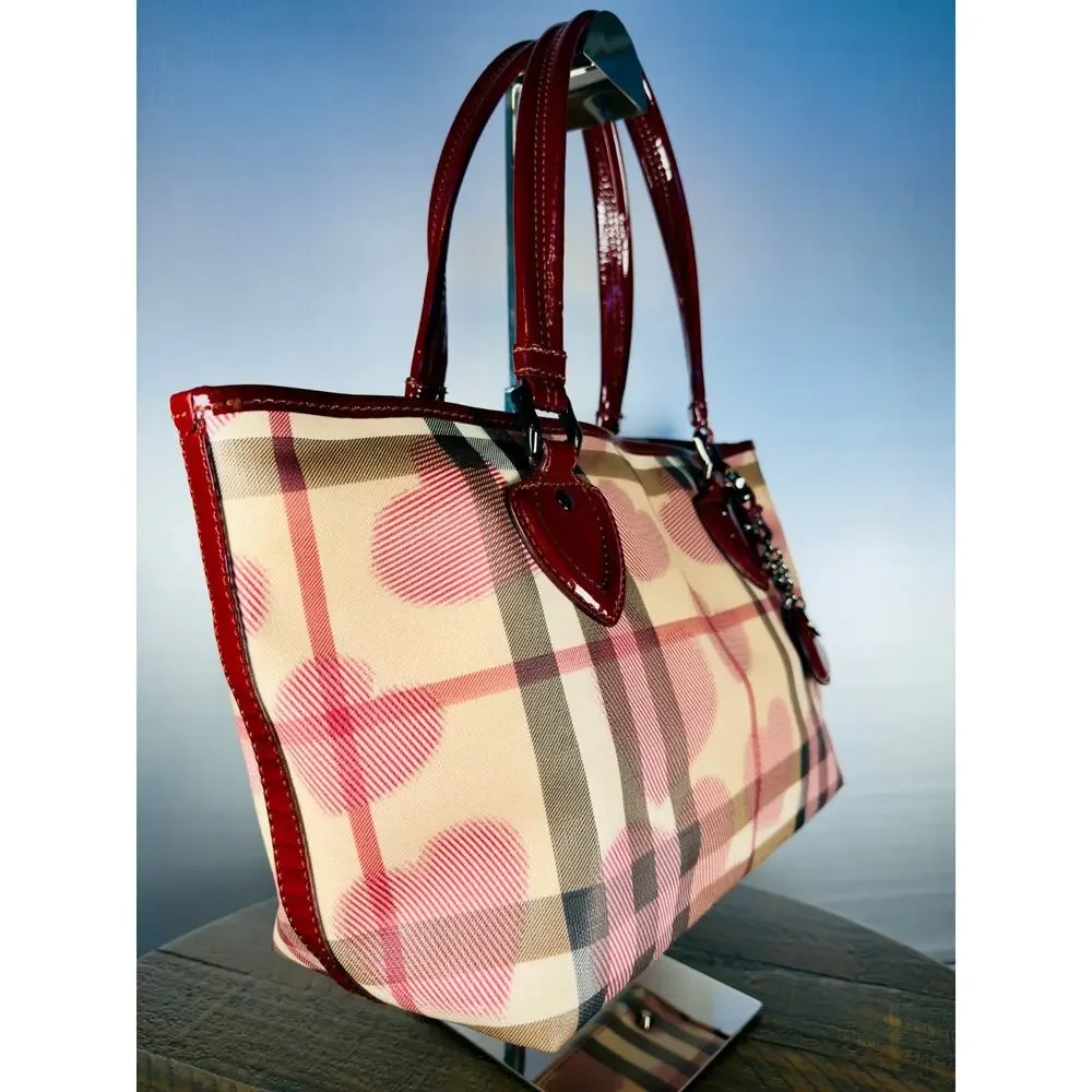 Authentic Burberry Heart Nova Check Tote Bag Coated Canvas Red Patent Trim Charm
